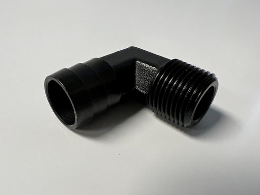 Fitting, 3/8 NPT X 5/8" Barb 90Â°, Plated
