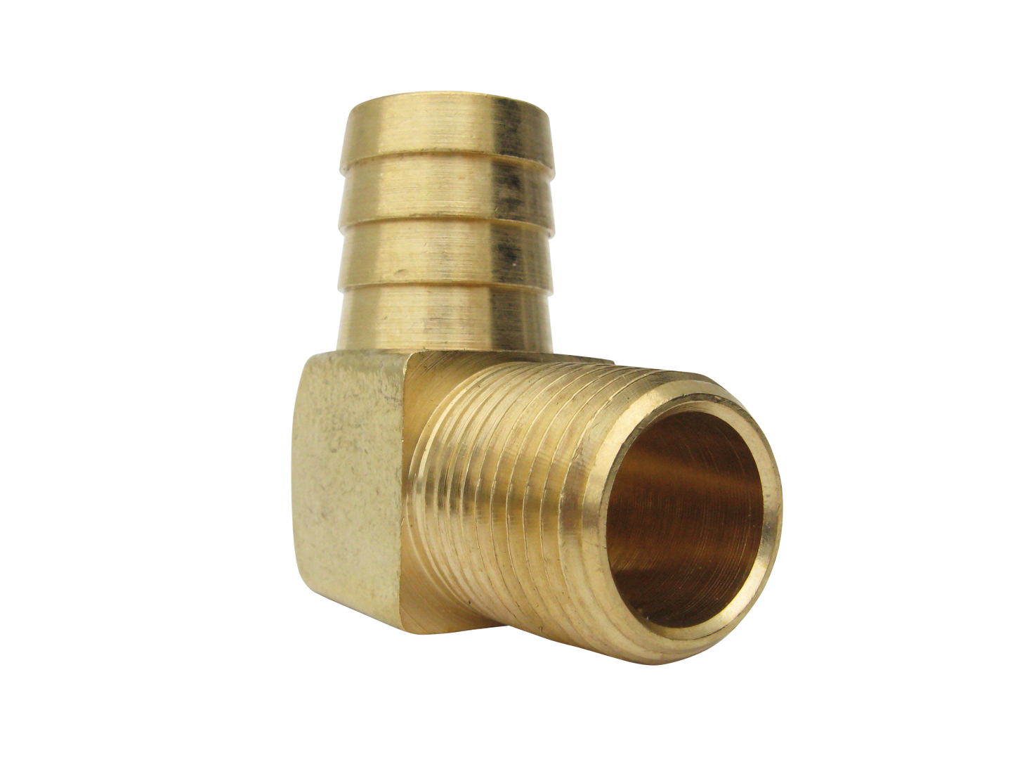 Fitting, 1/2" NPT x 3/4" Barb 90Â°, Brass